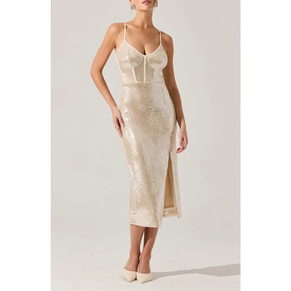 NWT ASTR The Label Liese Sequin Corset Midi Dress M Cream Bridal $168